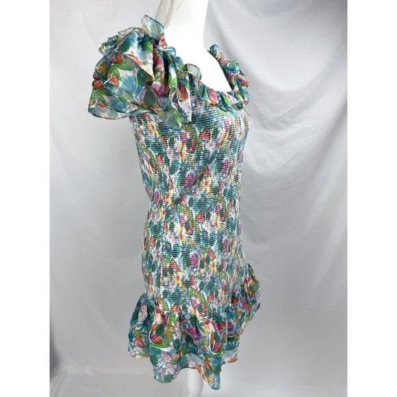 ASTR The Label XL Green Pink Blue Floral Smocked Sleeveless Dress Flutter Sleeve - Picture 8 of 12